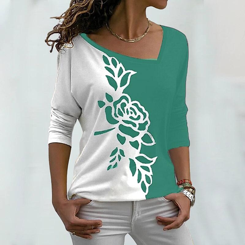 Women's flower pattern holiday painting long sleeve diagonal neck tops
