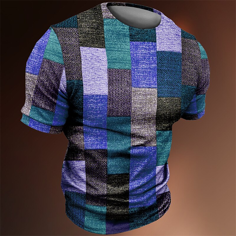 Men's Outdoor Short Street Casual Vacation Breathable Comfortable Light Plaid Short Sleeve T Shirt