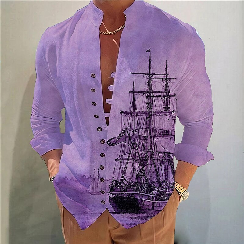 Men's Outdoor Street Casual Vintage Breathable Comfortable Light 3D Print Stand Collar Long Sleeve Henley Shirt