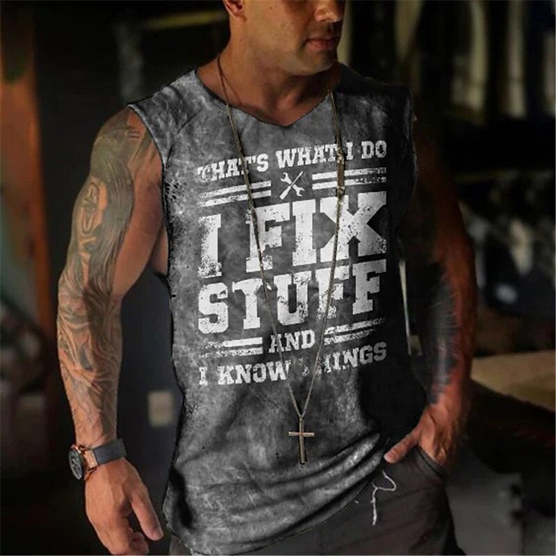 Men's Vest Top Sleeveless  Graphic Letter Crew Neck 3D Print Daily Sports Sleeveless Print Top