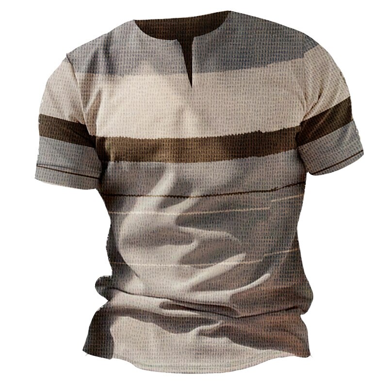 Men's Waffle Outdoor Fashion Casual Breathable Soft Striped Short Sleeve V Neck T Shirt