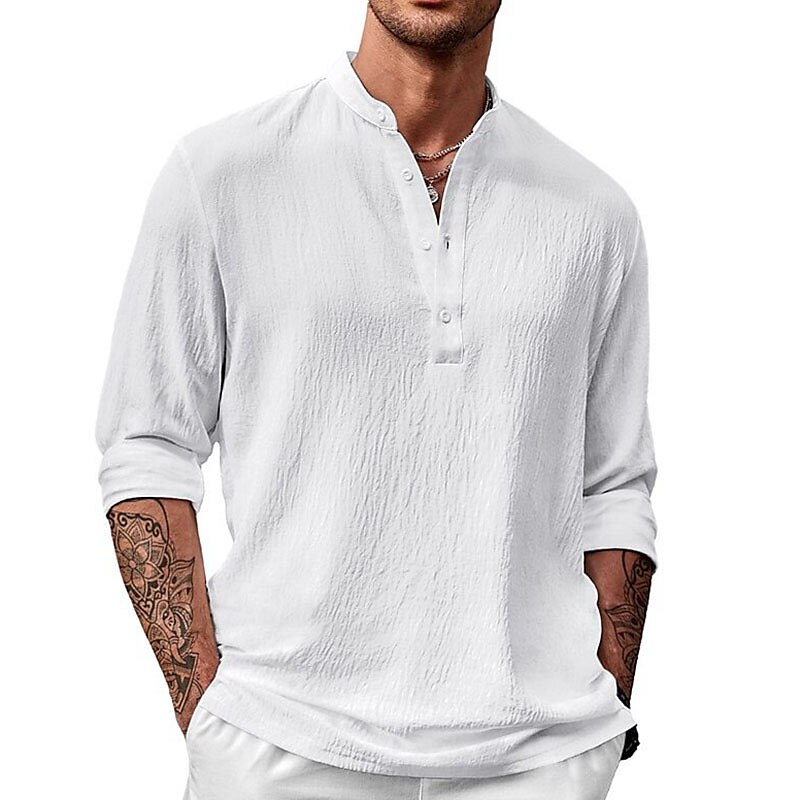 Men's Linen Shirt Summer Shirt Beach Shirt  Long Sleeve Plain Stand Collar Spring & Summer Hawaiian Holiday Basic Top