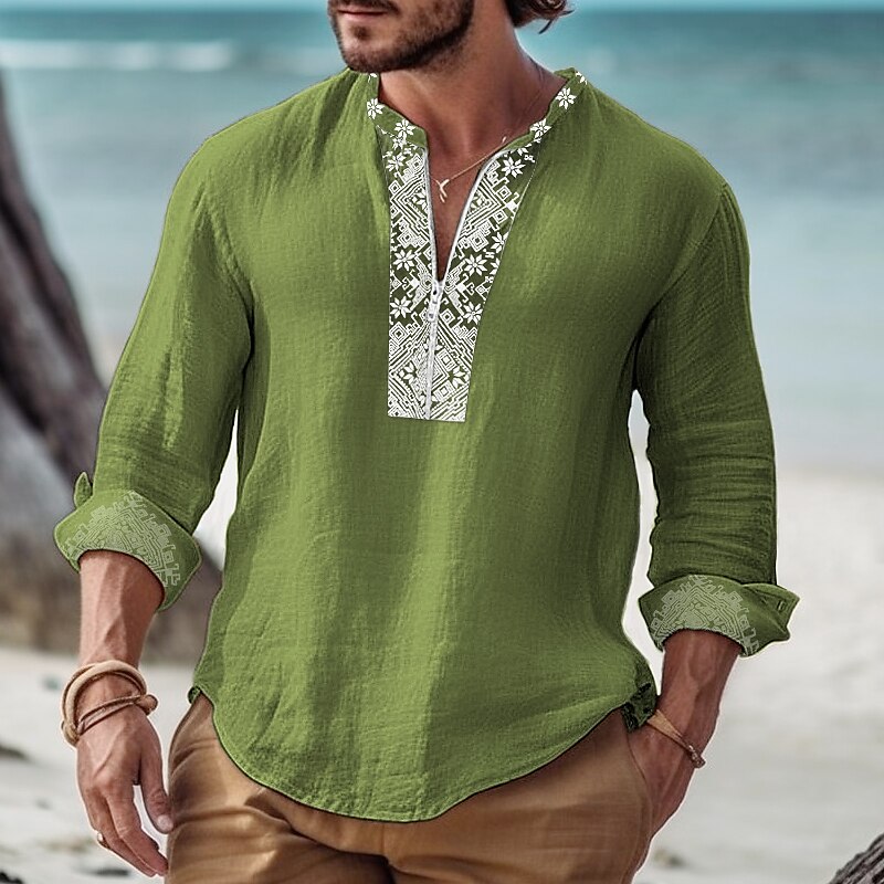 Men's Linen Summer Beach Shirt Henley Shirt Long Sleeve Color Block Henley Spring & Summer Casual Top