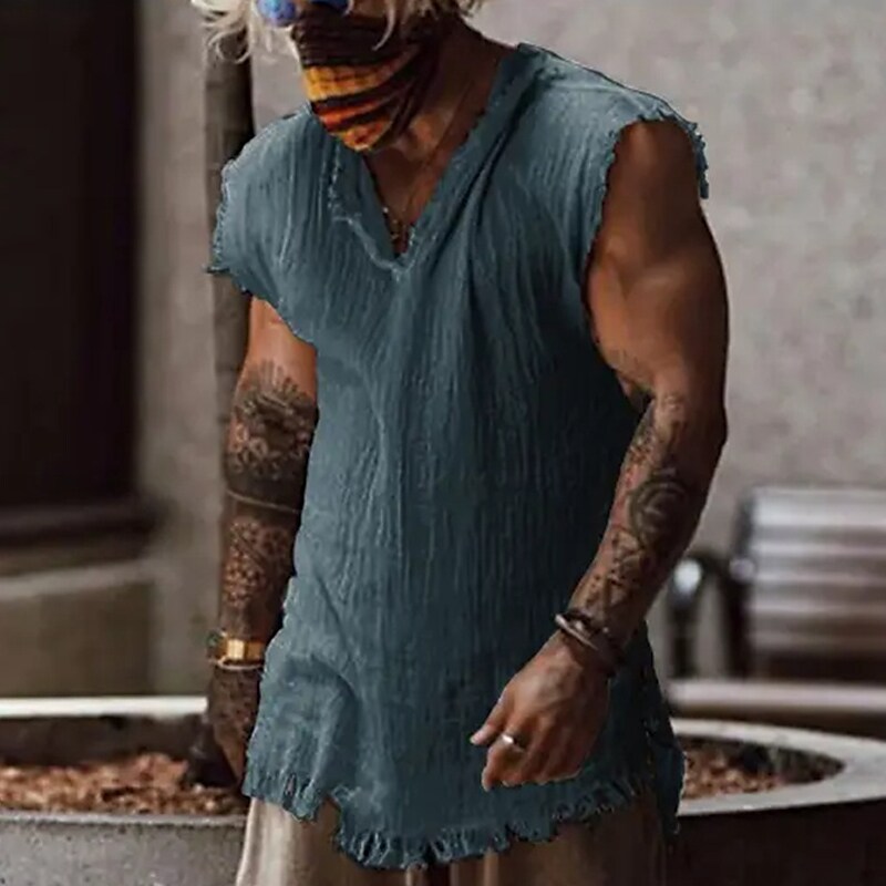 Men's Linen Shirt Summer Shirt Beach Shirt V Neck Summer Sleeveless Plain Holiday Vacation Top