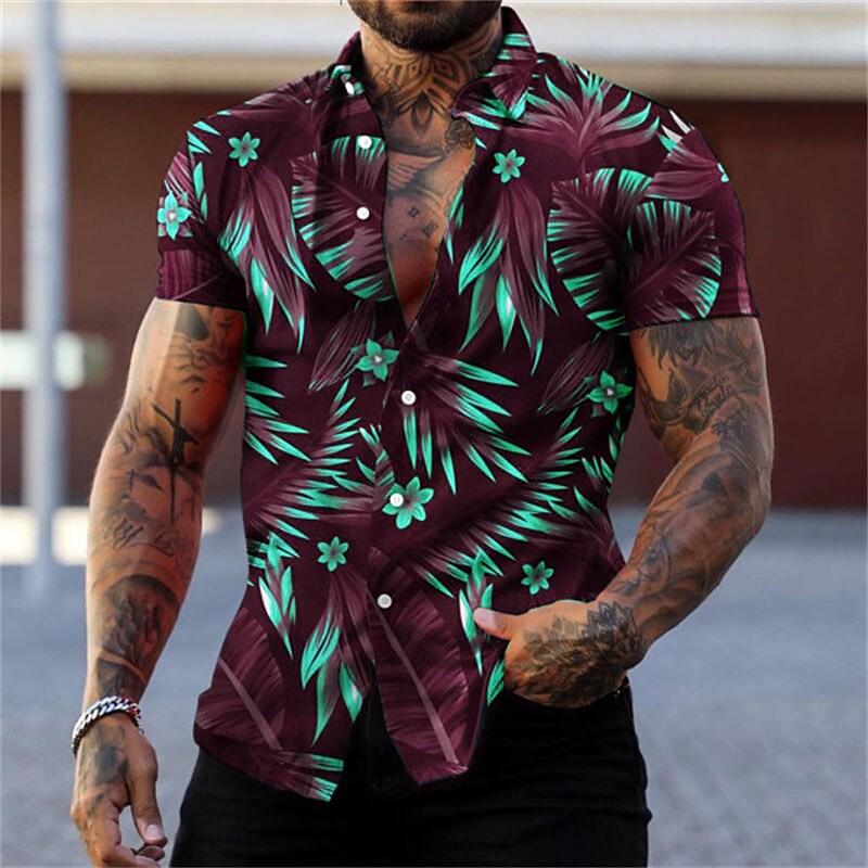 Men's Graphic Leaves Turndown 3D Print Street Daily Short Sleeve 3D Bu