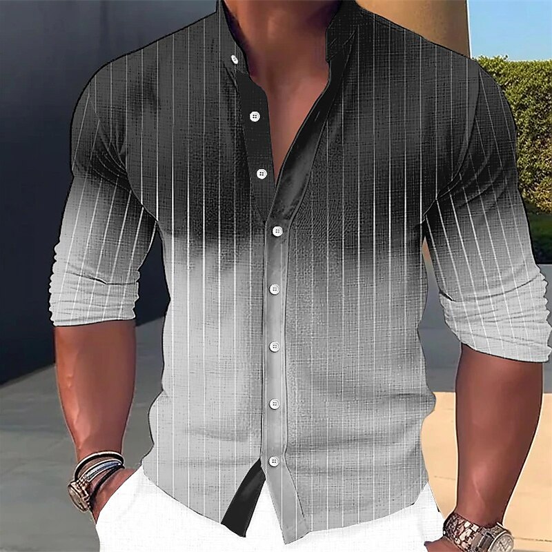 Men's Linen Shirt Gradient Striped Graphic Prints Stand Collar Outdoor Street Long Sleeve Print Fashion Casual Shirt 