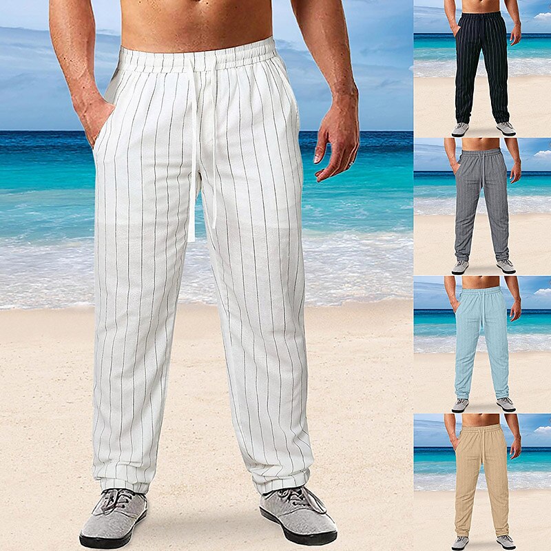 Men's Linen Outdoor Holiday Beach Casual Breathable Soft Comfortable Light Stripe Trouser Pants