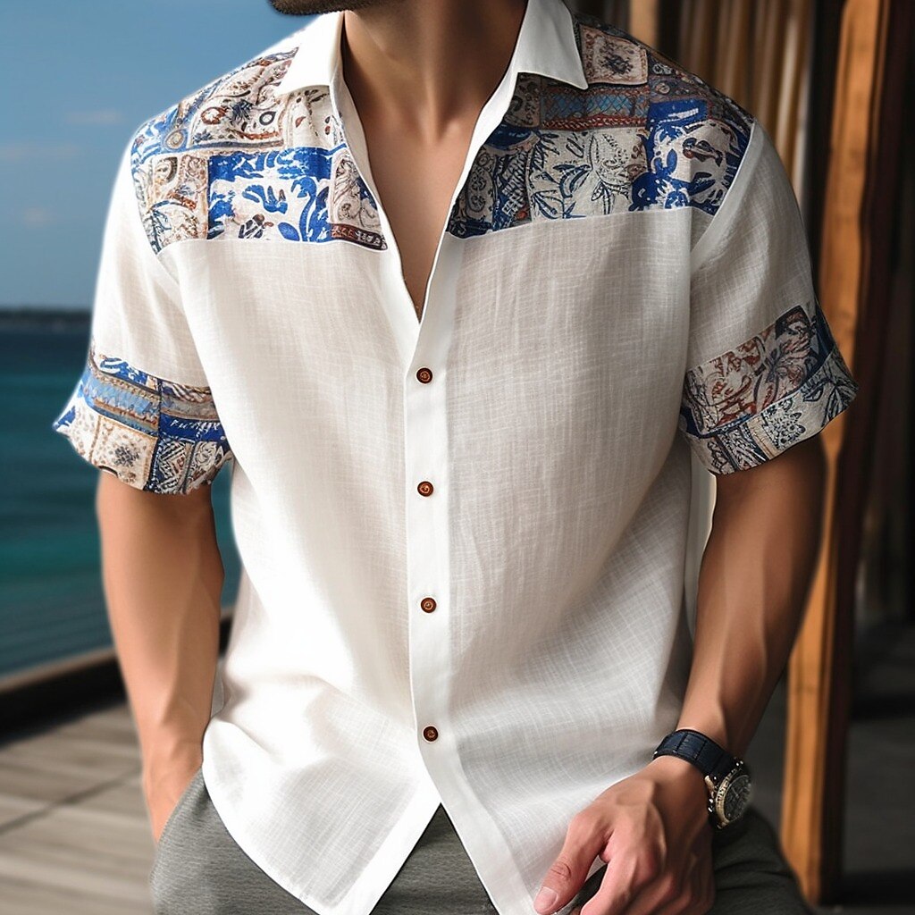 Men's Linen Shirt Floral Tribal Graphic Prints Turndown Outdoor Street Short Sleeves Print Linen Casual Soft Shirt 