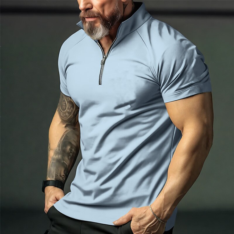 Men's Casual Street Fashion Breathable Light Comfortable Plain Zipped Stand Collar Short Sleeve Polo Shirt