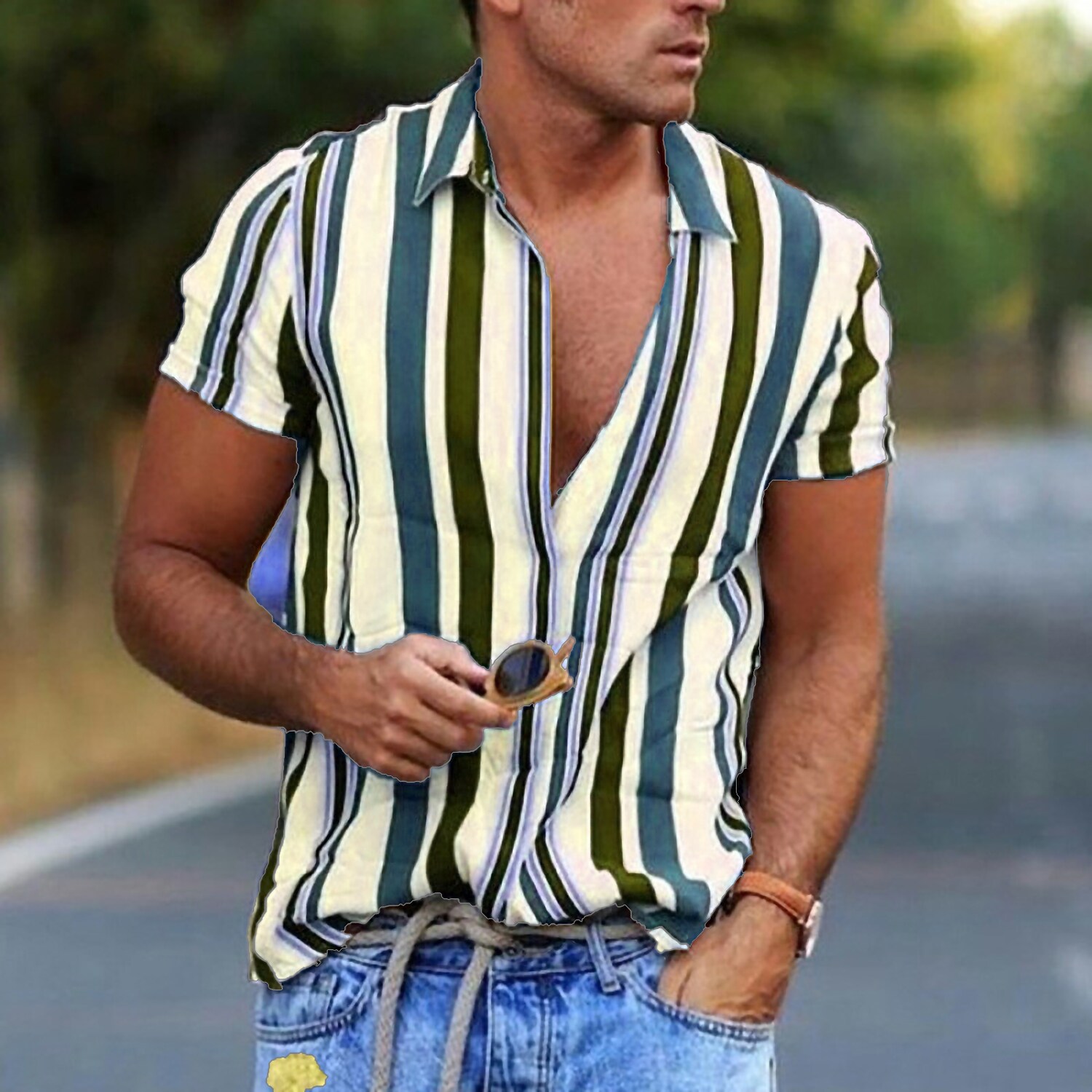 Men's Shirt Striped Collar Daily Button-Down Print Short Sleeve Tops Casual Breathable Comfortable 