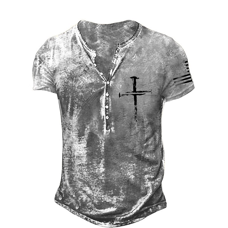 Men's Outdoor Vintage Casual Breathable Comfortable Light 3D Print Lapel Short Sleeve Henley T shirt