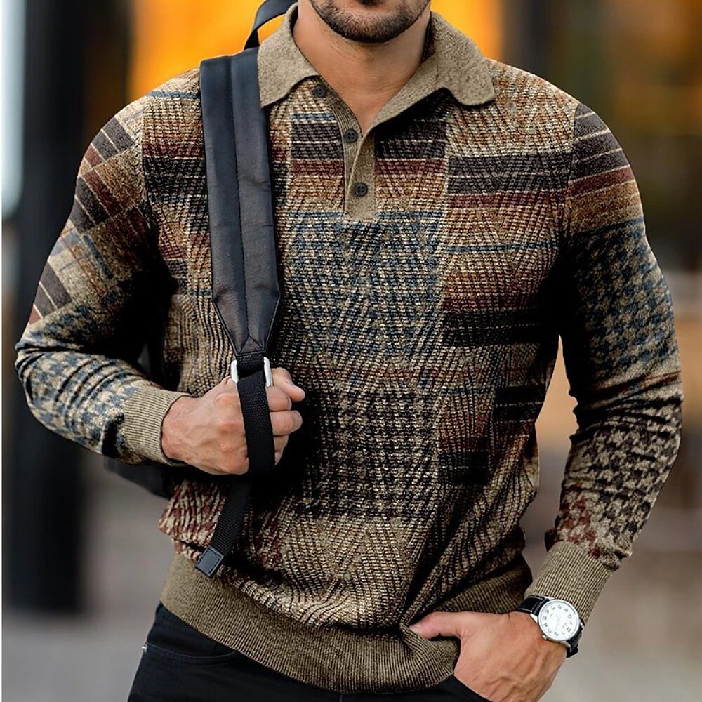 Men's Waffle Outdoor Golf Street Breathable Light Comfortable Pocket Plaid Stand Collar Long Sleeve Polo Shirt