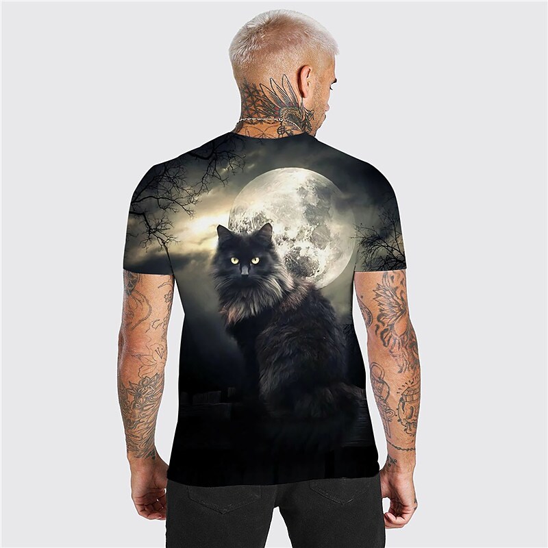 Men's T shirt Cat Graphic Prints Crew Neck Dark Gray 3D Print Outdoor Street Short Sleeve Sports Casual Top
