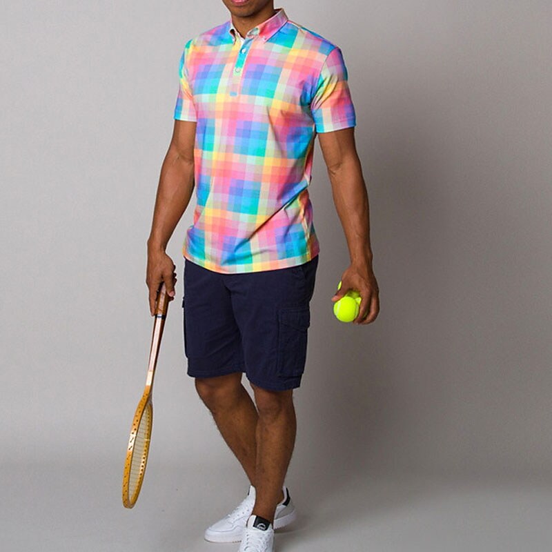 Men's Polo Golf Shirt Plaid Graphic Prints Turndown Rainbow Outdoor Street Short Sleeves Button-Down Print  Casual Soft Top