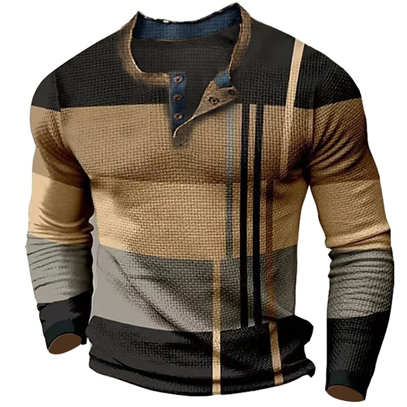 Men's Waffle Shirt Tee Graphic Color Block Henley Clothing Apparel 3D