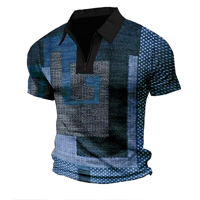 Men's Polo Golf Shirt Zip Plaid Striped Graphic Prints Geometry Turndown Short Sleeves Zipper Print Fashion Casual Top