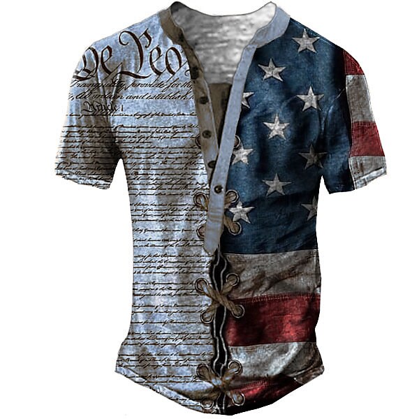 Men's Henley Shirt T shirt Graphic Letter American Flag National Henley 3D Outdoor Short Sleeve Button-Down Print Top