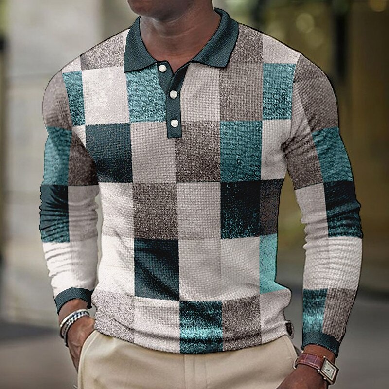 Men's Golf Outdoor Street Casual Breathable Comfortable Soft Plaid Long Sleeves Polo Shirt