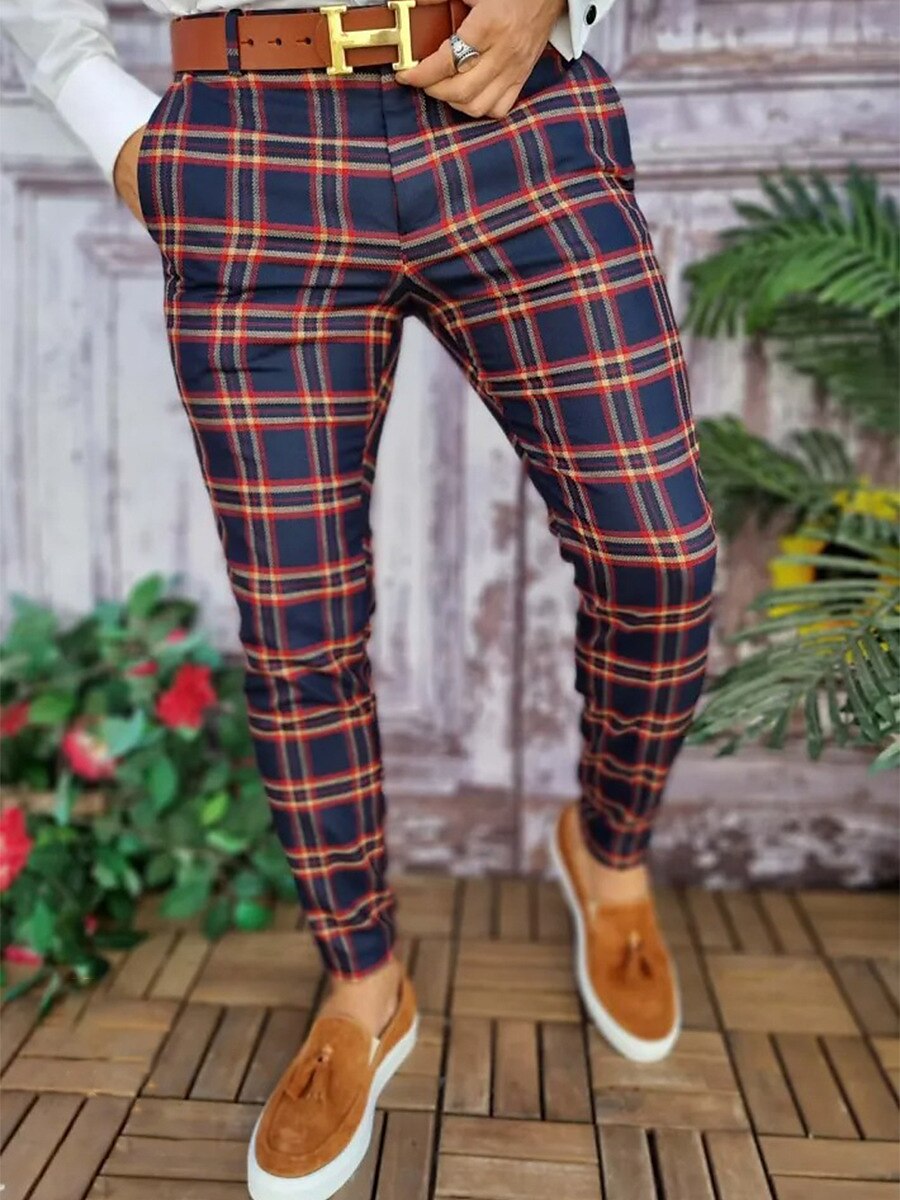 Men's Business Outdoor Casual Fashion Elastic Comfortable Breathable Soft Plaid Trousers Pants