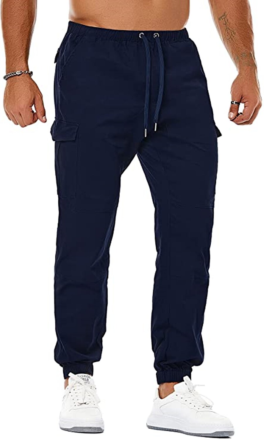 Men's Cargo Pants Casual Pants Drawstring Elastic Waist Multi Pocket Solid Color Soft Full Length Sports Outdoor Cotton Blend Casual / Sporty Athleisure Black White