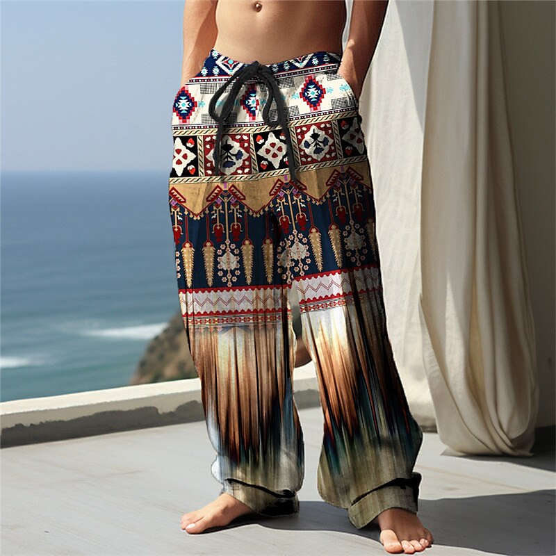 Men's Trousers Beach Drawstring Elastic Waist Print Color Block Gradient Graphic Prints Comfort Casual Daily Pants 