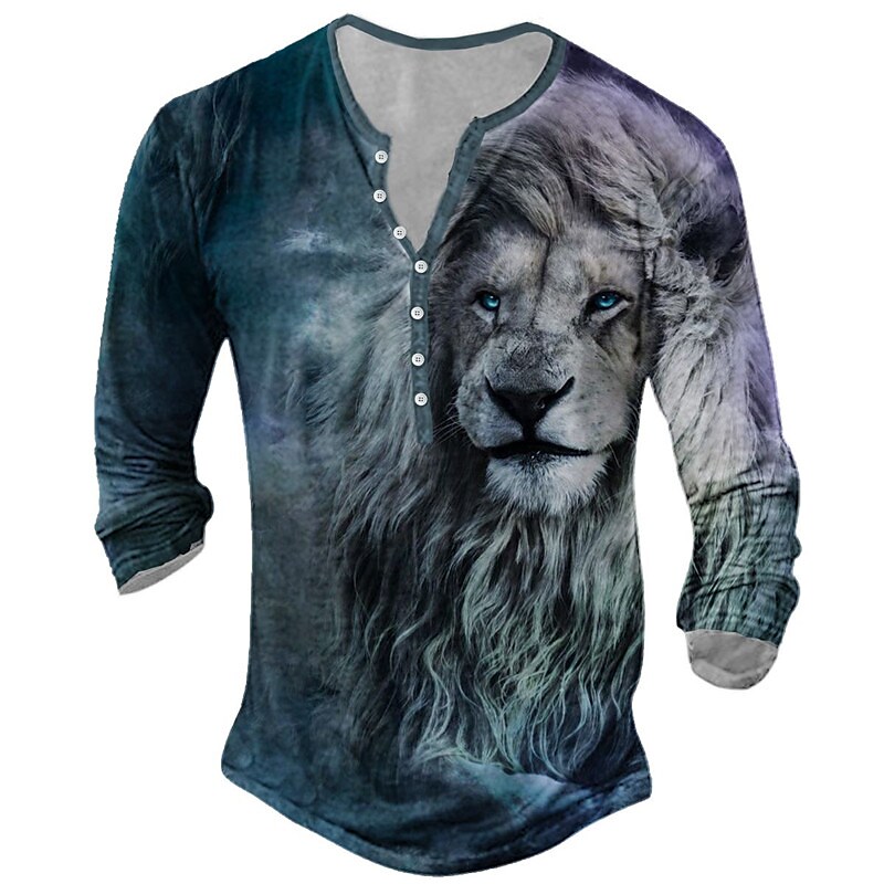 Men's Henley Shirt Graphic Animal Lion Henley Outdoor Daily Long Sleeve Button-Down Print Basic Comfortable Top
