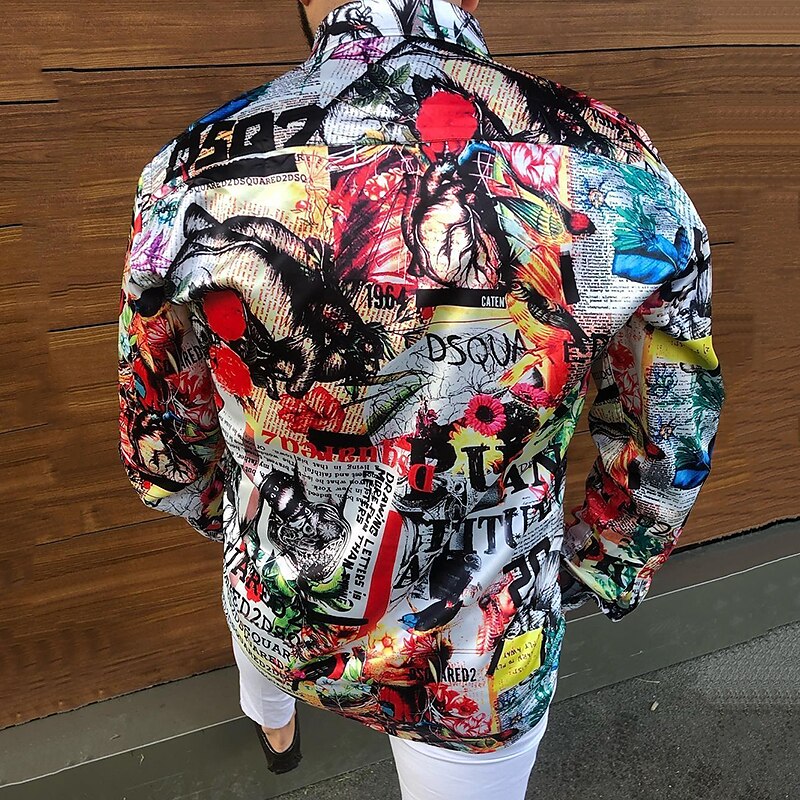 Men's Graphic Shirt Floral Letter Bird Classic Collar Street Casual Long Sleeve Print Fashion Cool Shirt 
