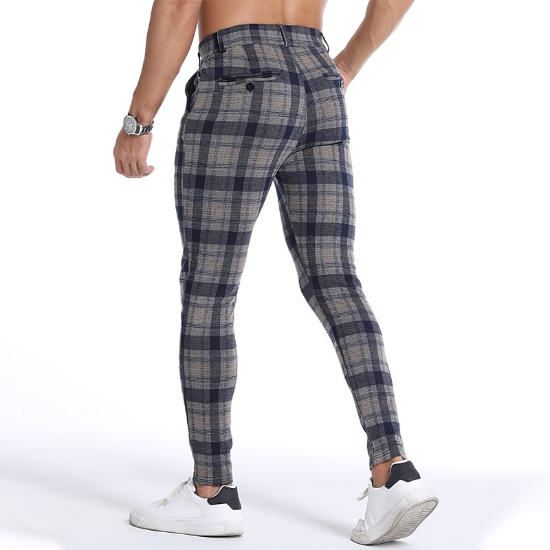 Men's Pants Plaid Pants Pocket Print Plaid Comfort Breathable Outdoor Going out Cotton Blend Streetwear Stretchy Trousers 