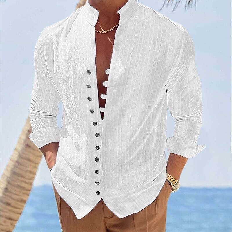 Men's Vacation Outdoor Beach Fashion Comfortable Breathable Light Stripes Long Sleeve Shirt