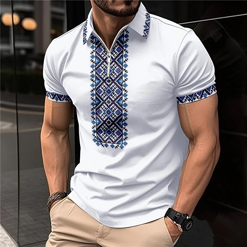 Men's Zip Polo Lapel Polo Shirt Golf Shirt Graphic Prints Geometry Turndown Outdoor Street Short Sleeves Zipper Print Top
