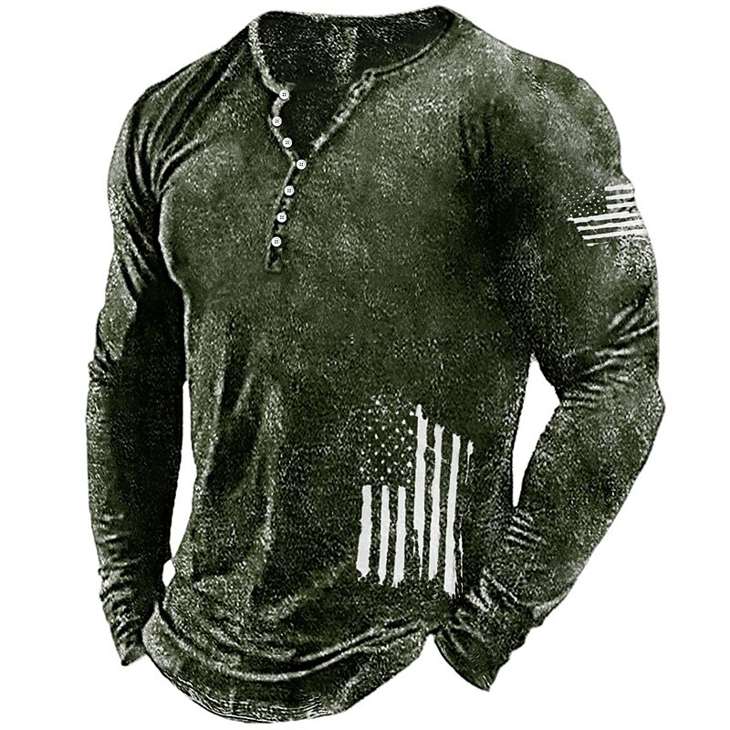 Men's Henley Graphic Long Sleeve Shirt National Flag Henley Hot Stampi