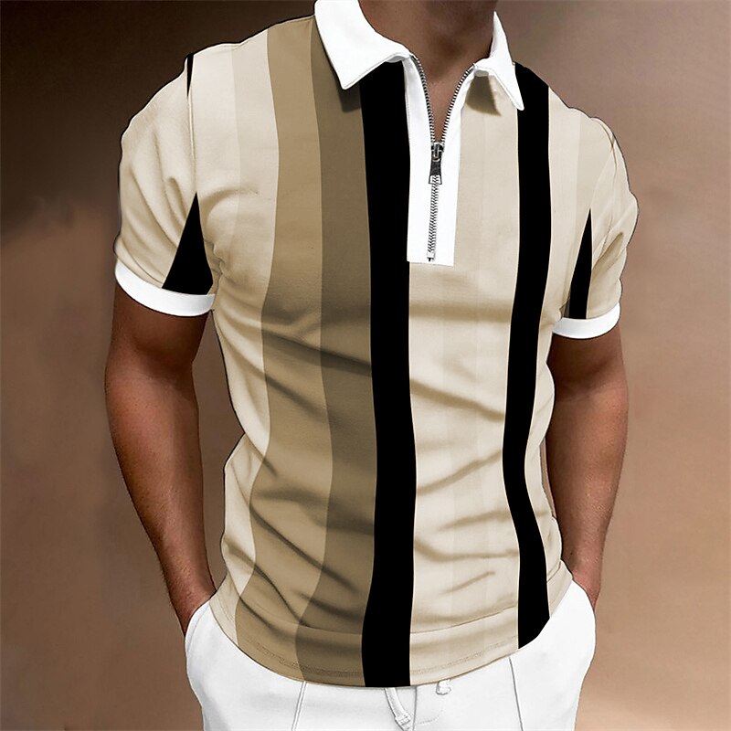 Men's Outdoor Street Fashion Casual Breathable Comfortable Soft Stripes Zipped Short Sleeves Polo Shirt