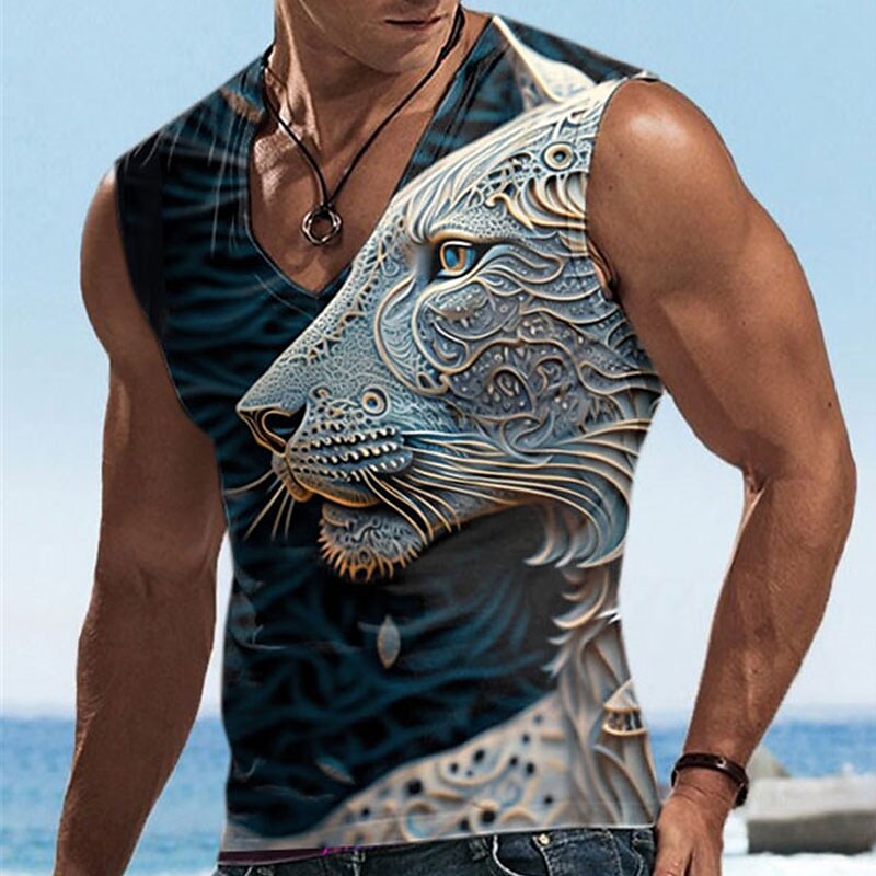 Men's Vest Muscle Sport Sleeveless Animal Print Graphic V-Neck T-Shirt