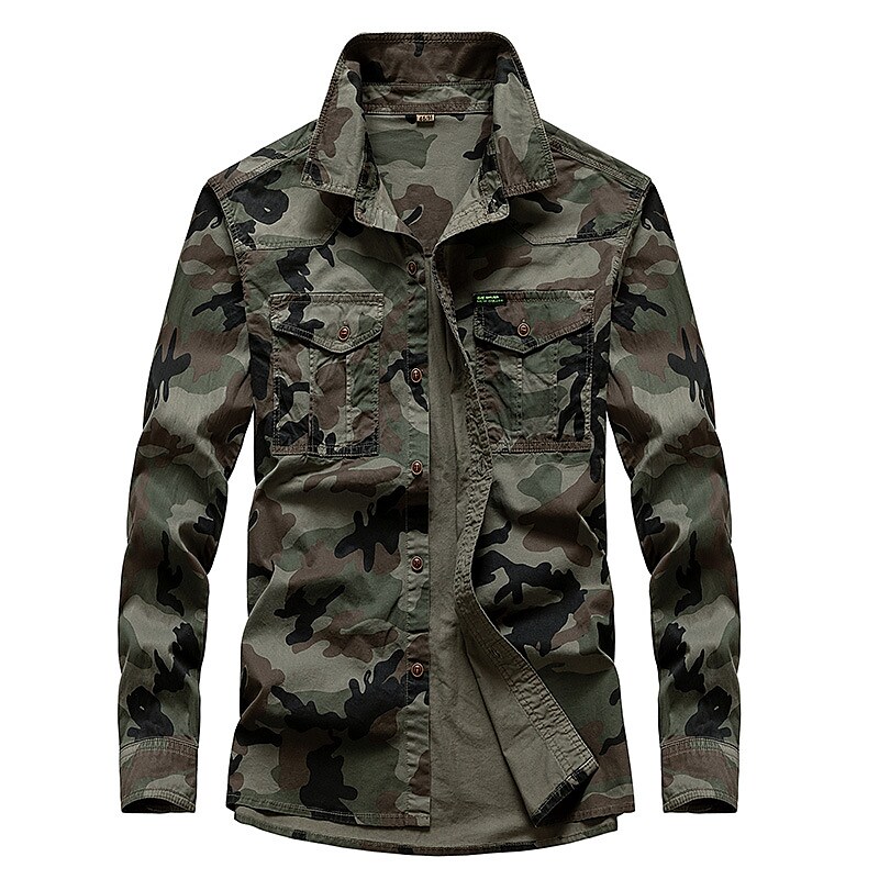 Men's Outdoor Hiking Climbing Camping Casual Pockets Wear Resistant Breathable Stretch Lapel Camo Shirt