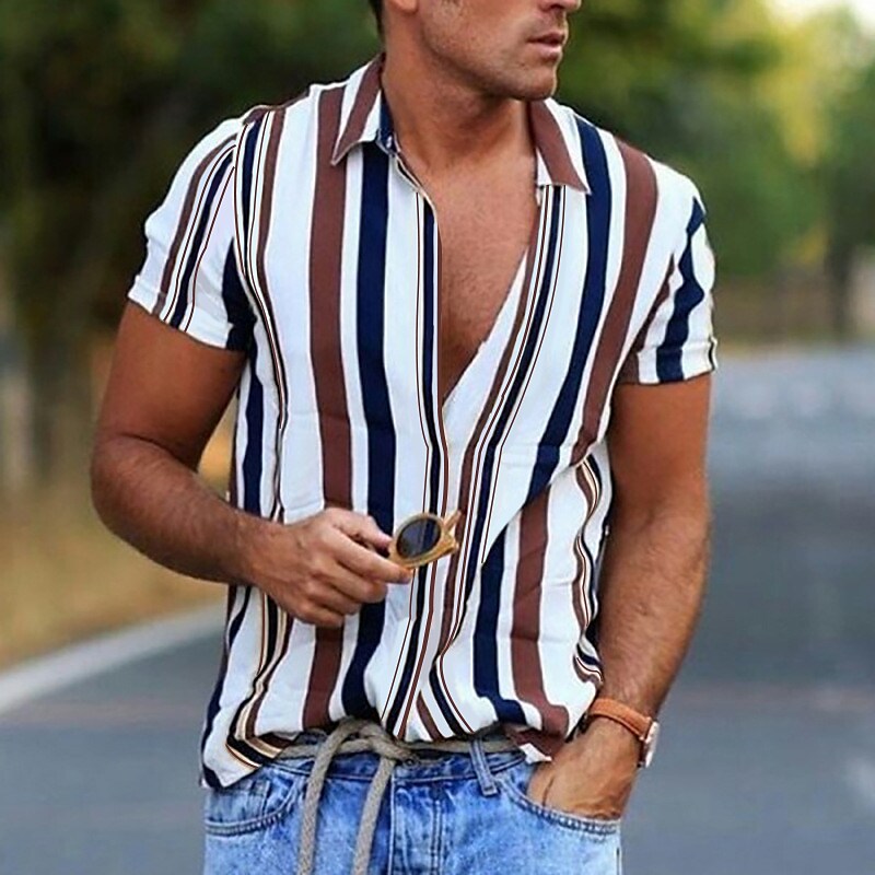 Men's Shirt Striped Collar Daily Button-Down Print Short Sleeve Tops Casual Breathable Comfortable 