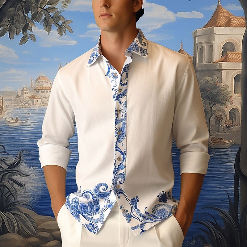 Men's Linen Shirt Floral Graphic Prints TurndownOutdoor Street Long Sleeve Print Linen Casual Shirt 