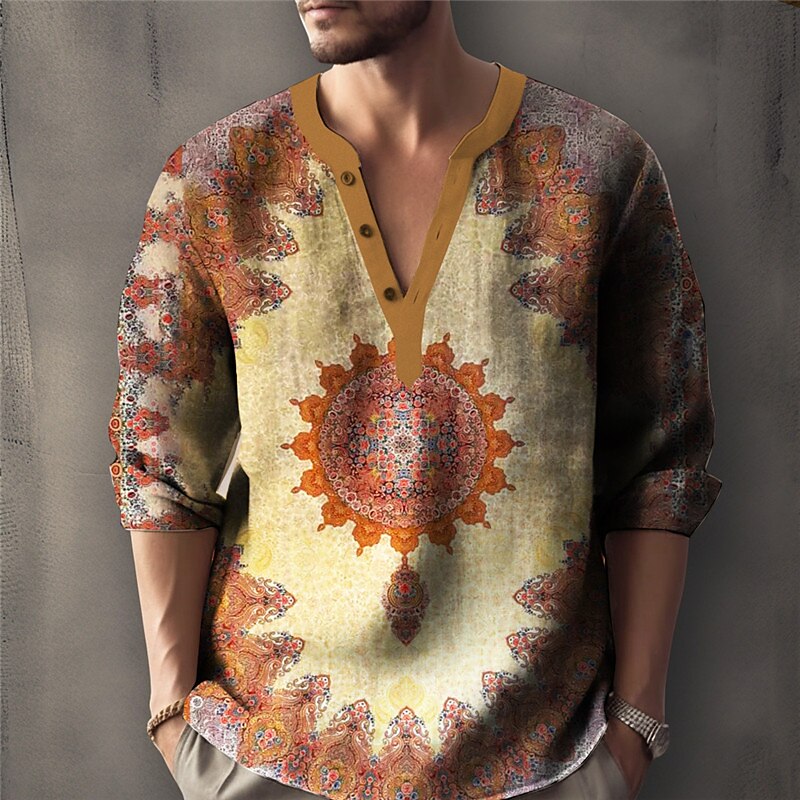 Men's Linen Shirt Graphic Prints Vintage Totem Stand Collar Outdoor Street Long Sleeve Print Clothing Casual Shirt 