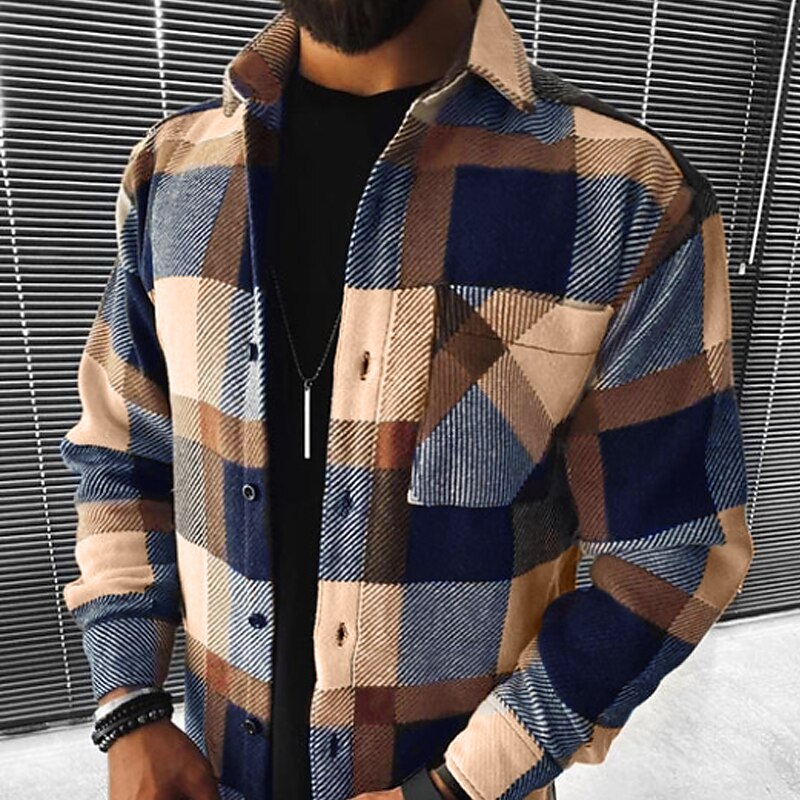 Men's Flannel Shacket Casual Street Outdoor Fashion Comfortable Long Sleeves Jacket Shirt