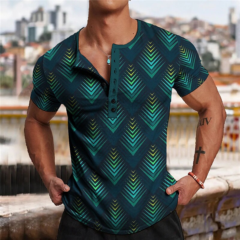 Men's Henley Shirt Graphic Geometric 3D Print Outdoor Casual Short Sleeve Button-Down Comfortable Top