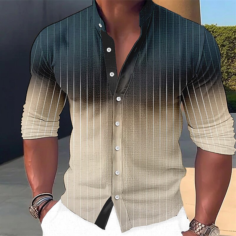 Men's Linen Shirt Gradient Striped Graphic Prints Stand Collar Outdoor Street Long Sleeve Print Fashion Casual Shirt 
