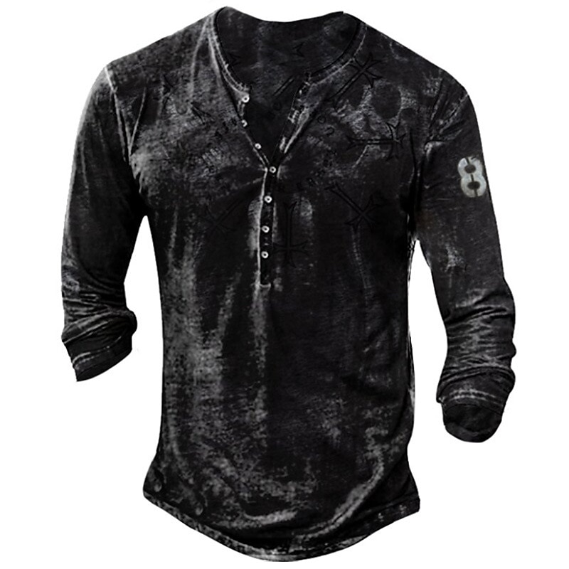 Men's T Shirt Patterned Cross V Neck Button-Down Long Sleeve Black Light Brown Gray Casual Daily Tops  Vintage T Shirts