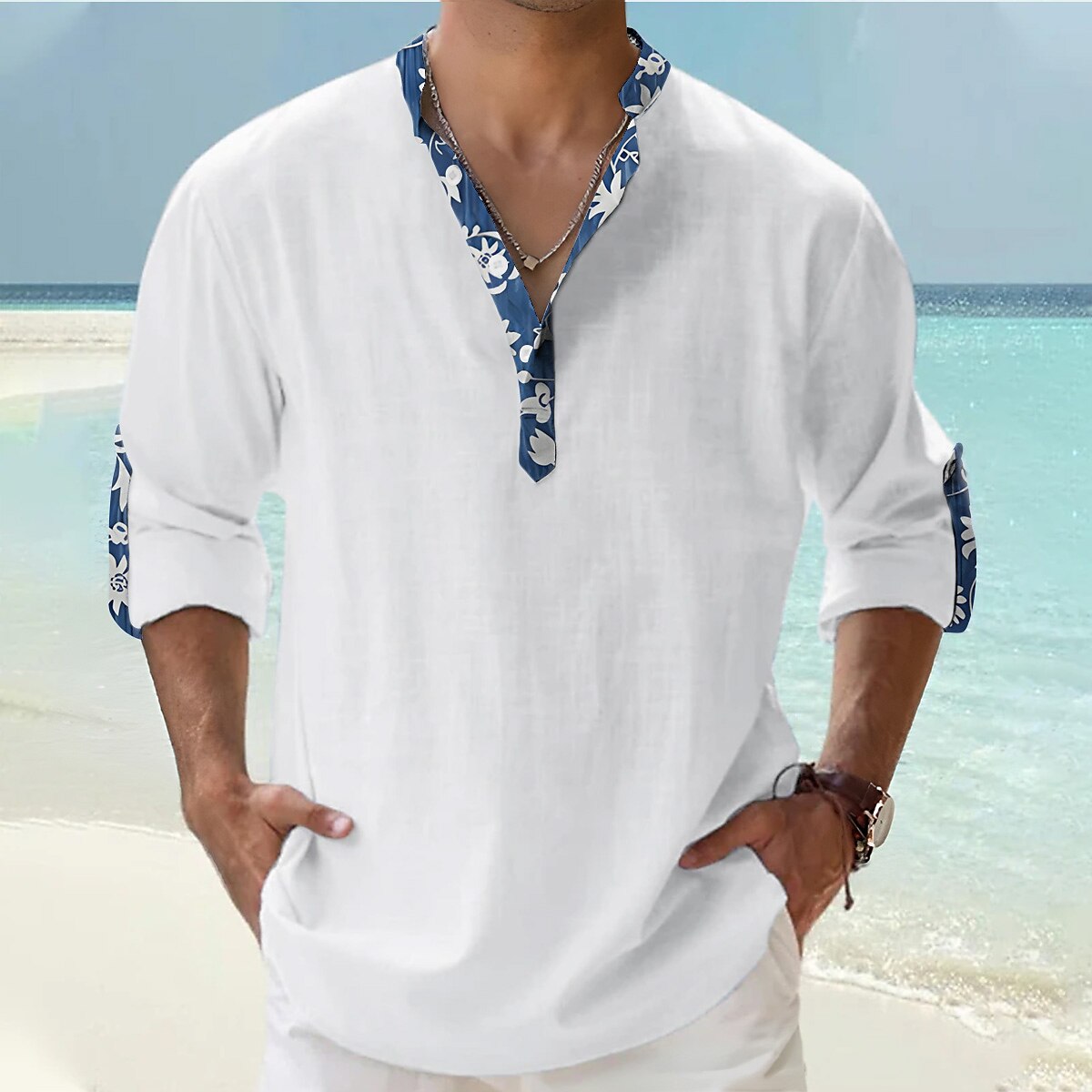 Men's Outdoor Street Fashion Casual Comfortable Breathable Light Floral Print Long Sleeves Shirt