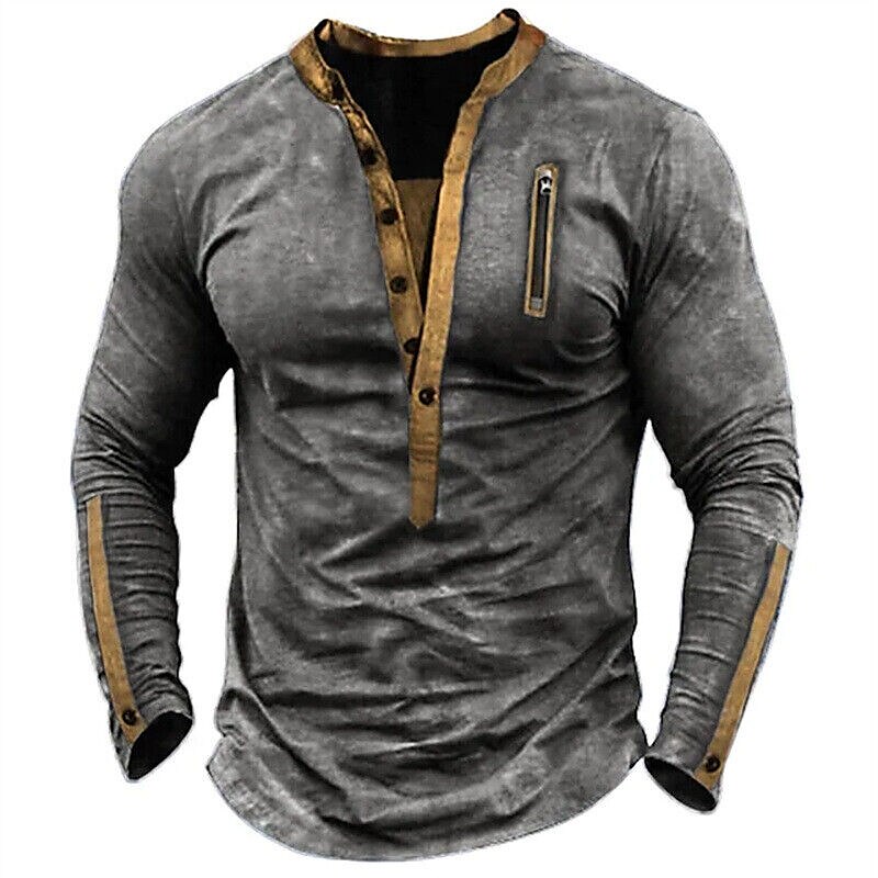 Men's Henley Shirt Plain Henley Street Vacation Long Sleeve Patchwork Zipper Designer Vintage Top