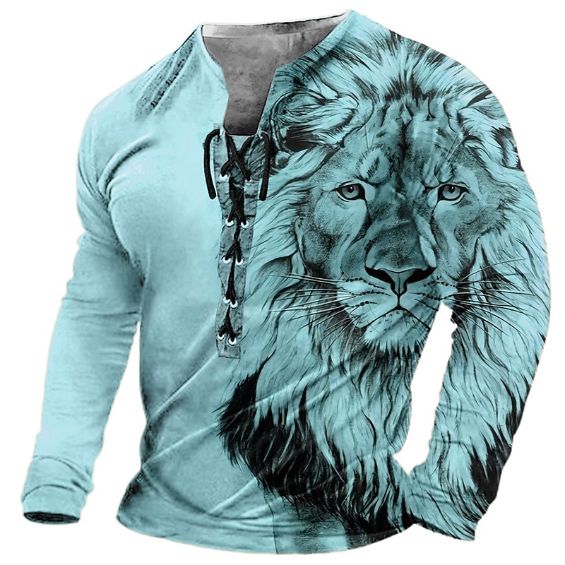 Men's T shirt Graphic Lion Collar  3D Print Casual Daily Long Sleeve Lace up Print Fashion Comfortable Top