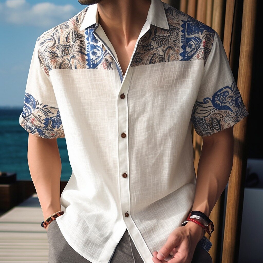 Men's Linen Shirt Floral Tribal Graphic Prints Turndown Outdoor Street Short Sleeves Print Linen Casual Soft Shirt 