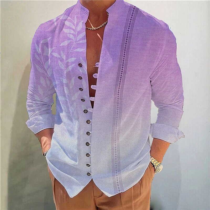 Men's Outdoor Street Fashion Casual Breathable Comfortable Light Print Stand Collar Long Sleeve Shirt