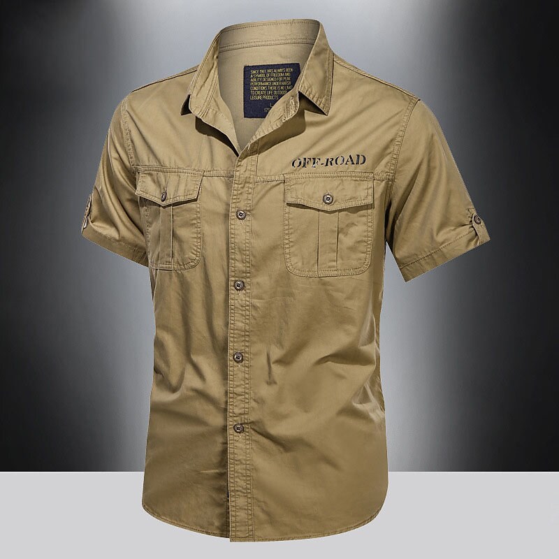 Men's Hiking Camping Climbing Fishing Wear Resistant Breathable Pockets Lapel Solid Color Short Sleeve Shirt