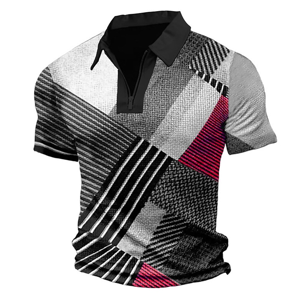Men's Polo Shirt Golf Shirt Polo Plaid Striped Graphic Prints Geometry Turndown Street Short Sleeves Zipper Fashion Top