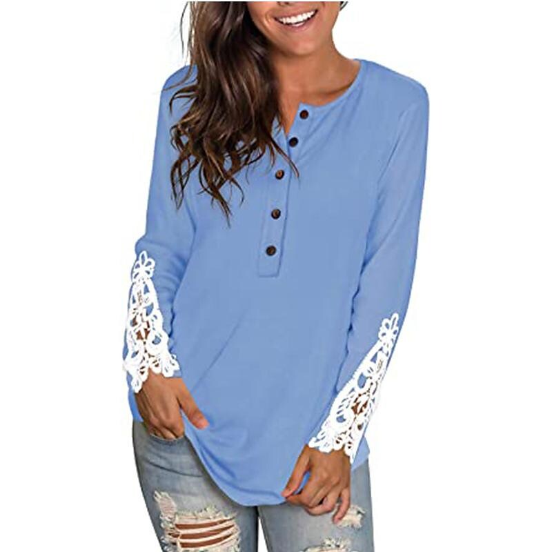 Women's cross-border new round neck button sleeve lace t-shirt