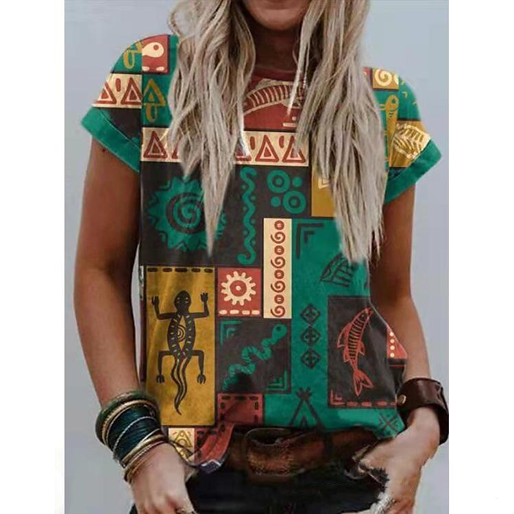 Women's ethnic style geometric diamond print casual t-shirt top
